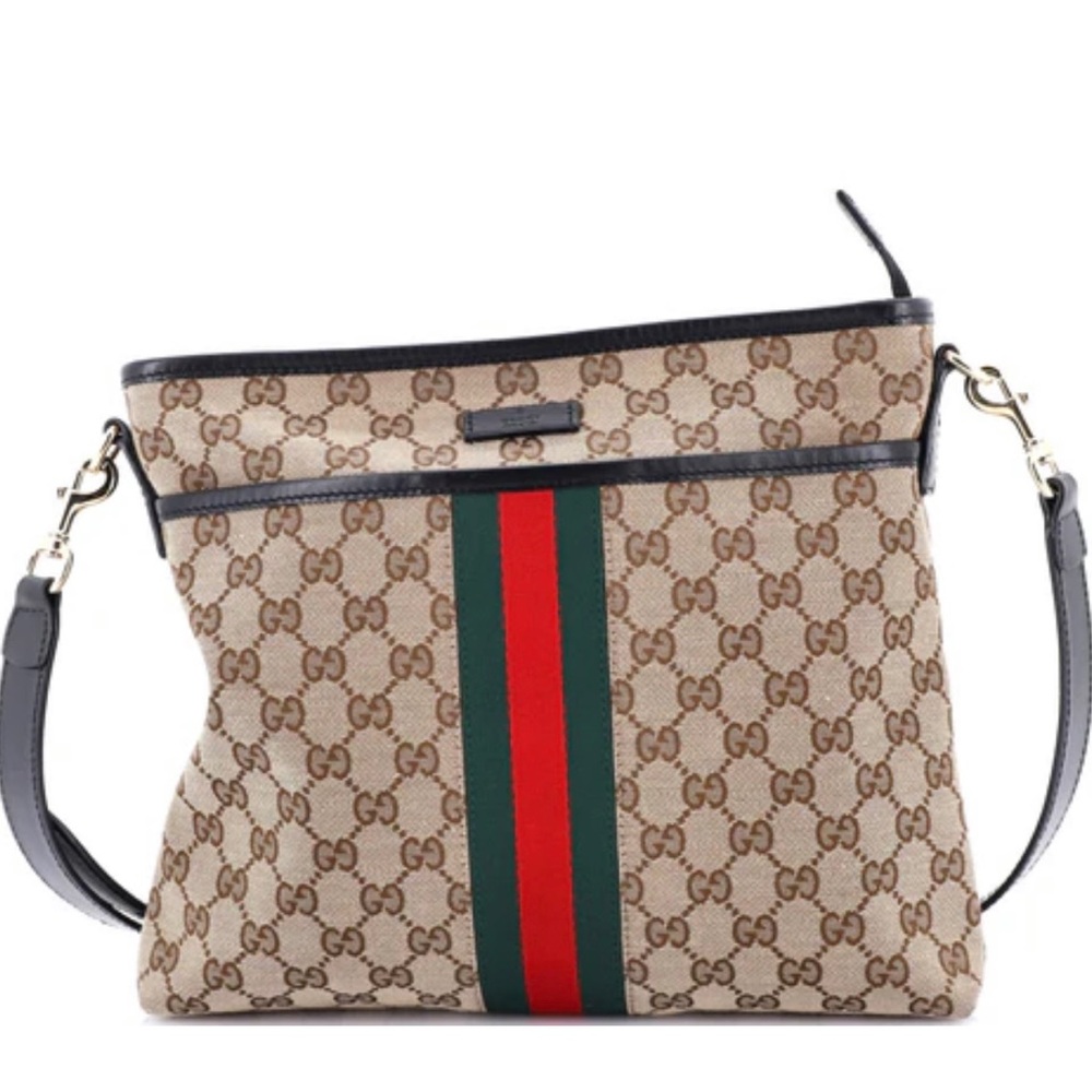 Vintage designer Gucci GG Supreme Beige Crossbody Bag with Green and Red Stripe